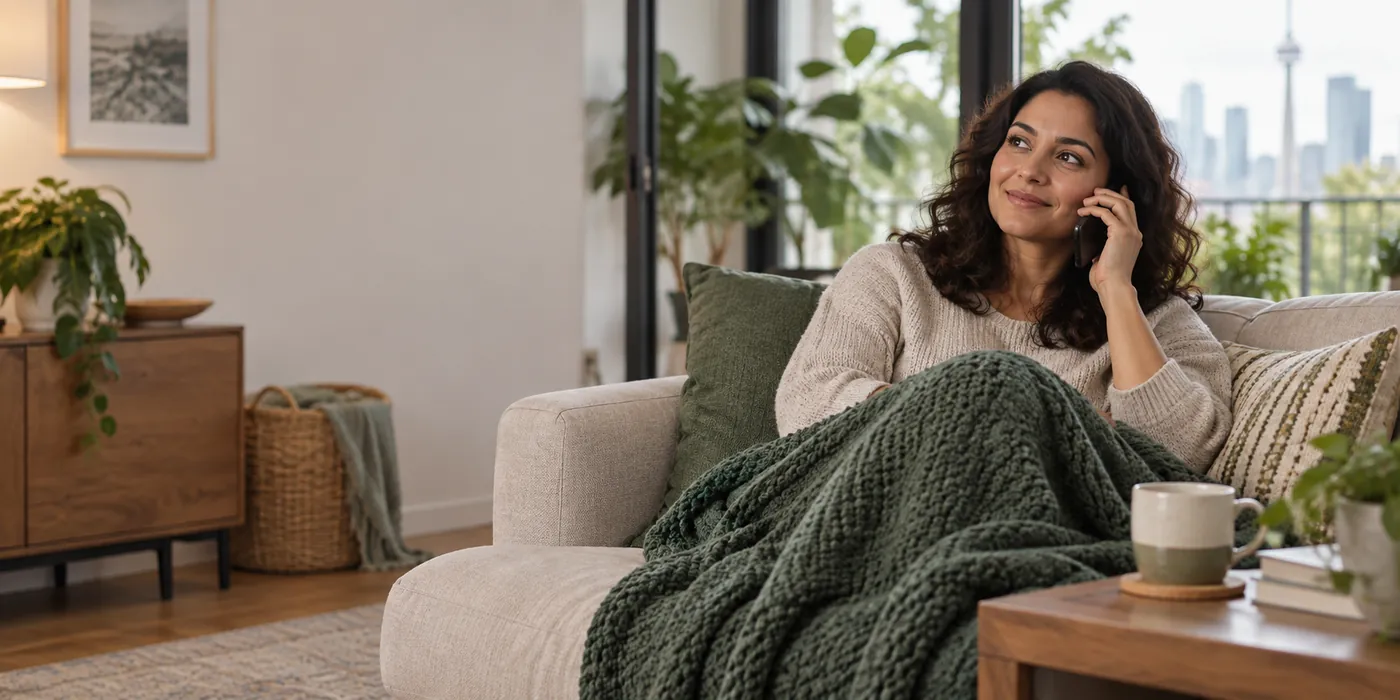Woman relaxing on her sofa at home during a phone consultation