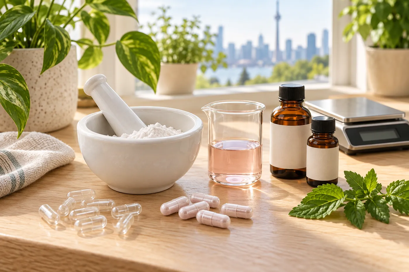 Mortar and pestle, capsules and amber bottles on a sunny counter