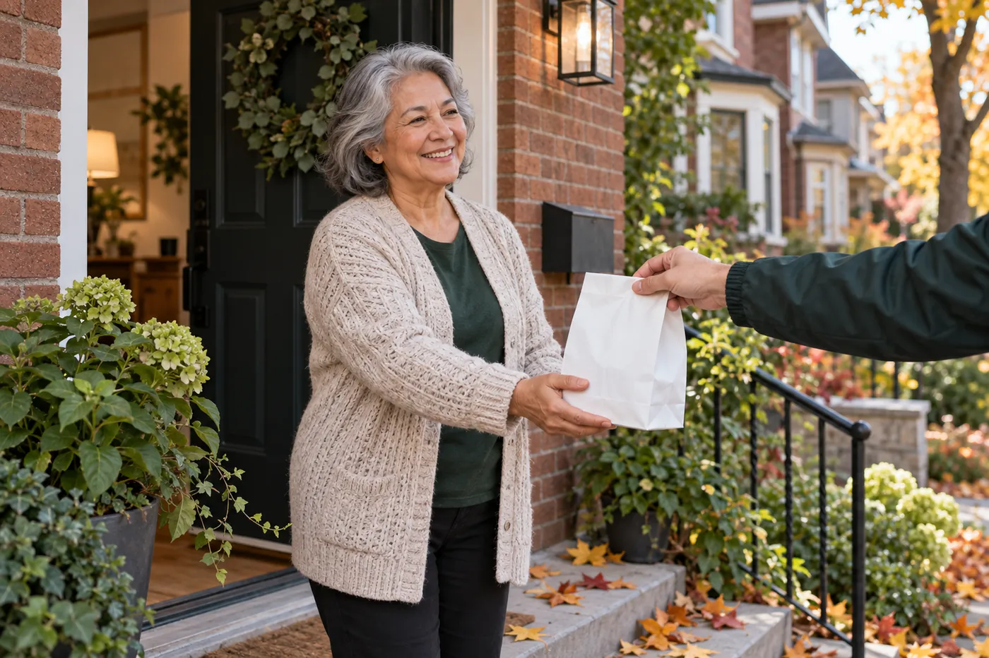 Smiling woman at her front door receiving a prescription delivery bag