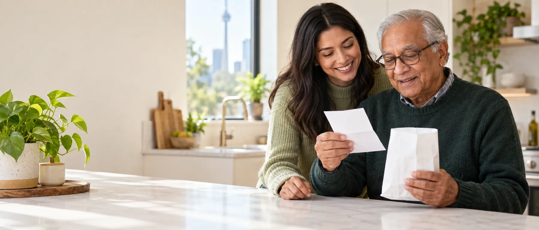 Daughter and her father reading the note from a newly delivered prescription together at home