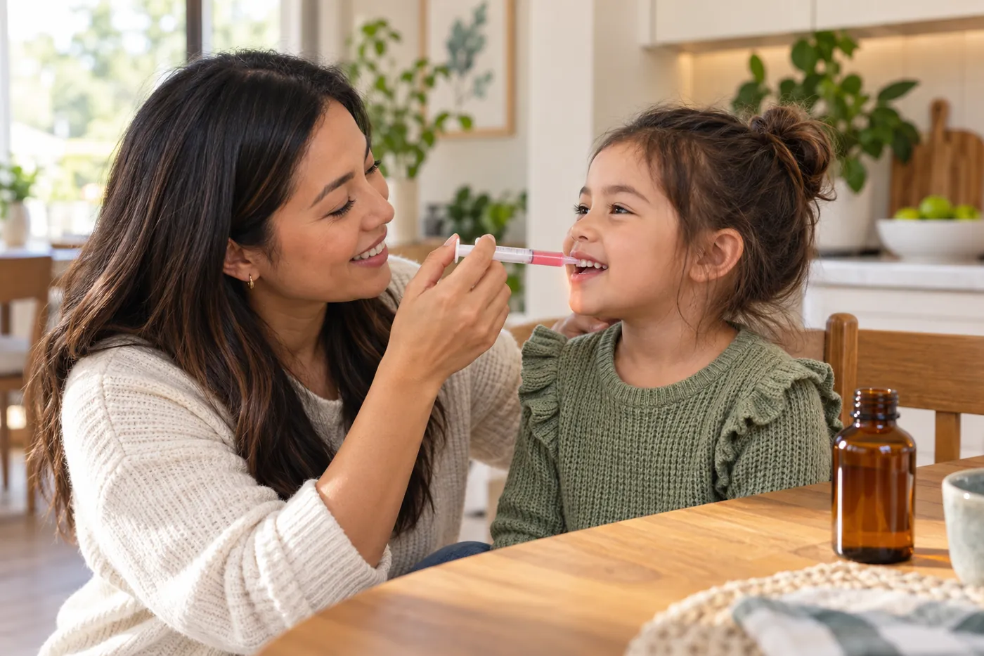 Mother giving her daughter a flavoured liquid medicine with an oral syringe