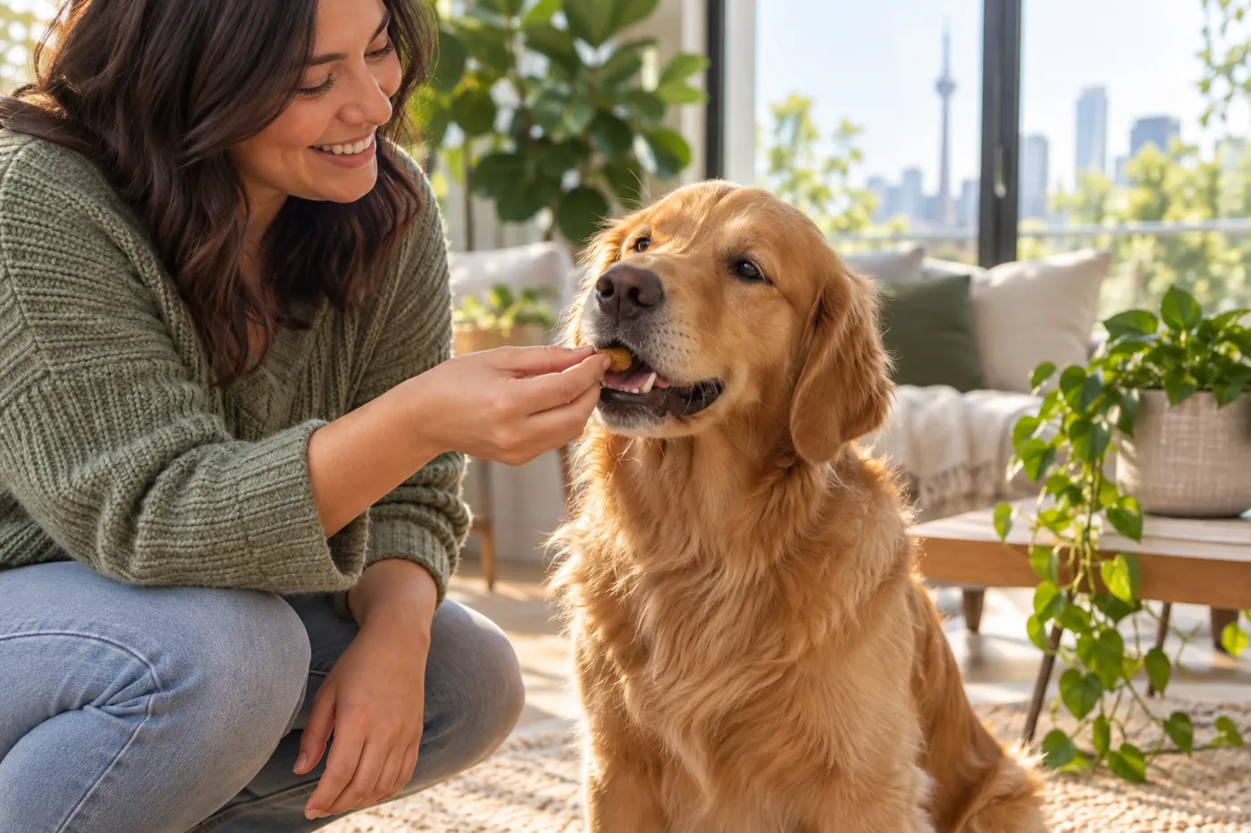 Woman giving her golden retriever a soft chew at home