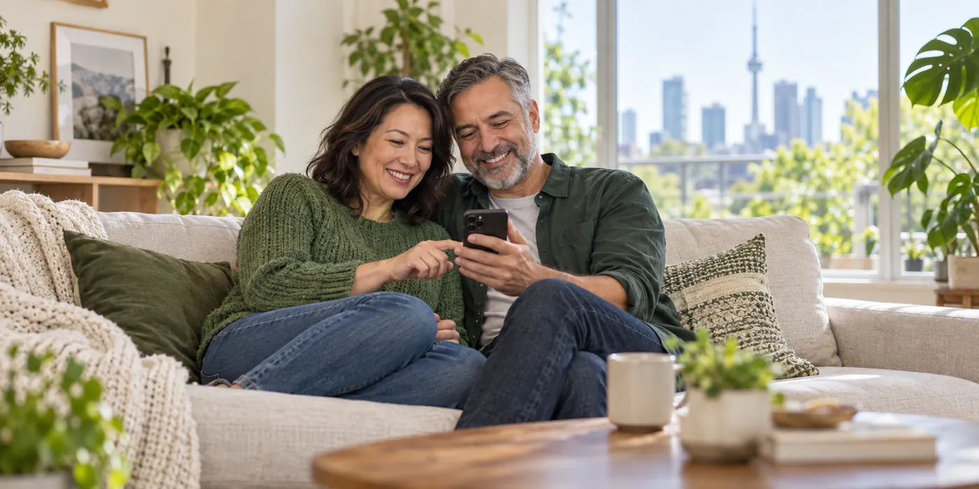 Couple on their sofa filling out a prescription transfer on a phone
